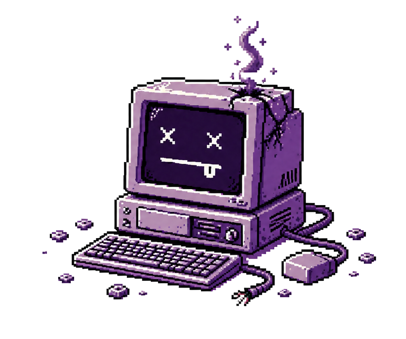 Pixel art of a broken vintage computer — cracked CRT with X eyes, severed keyboard cable
